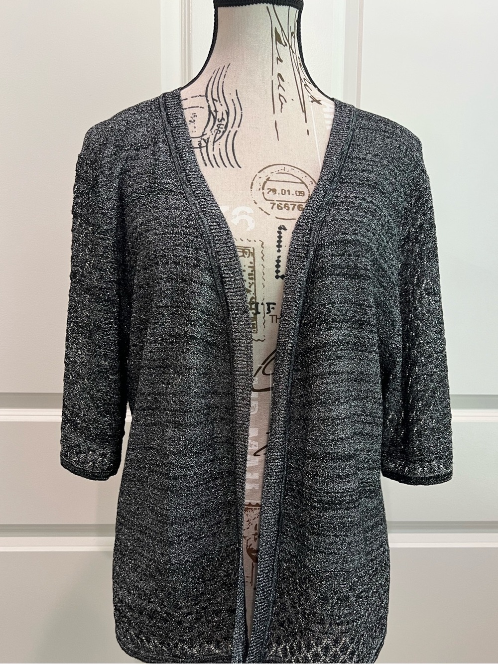 Open-Front Metallic Knit Cardigan, XL